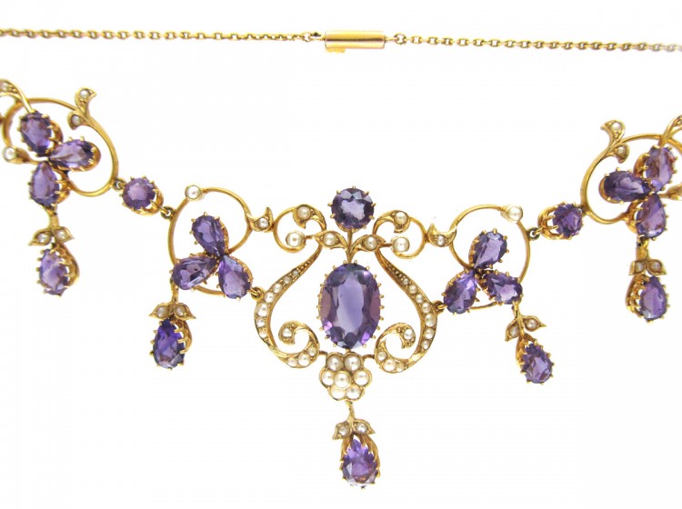 15ct Gold Amethyst & Natural Pearl Edwardian Necklace