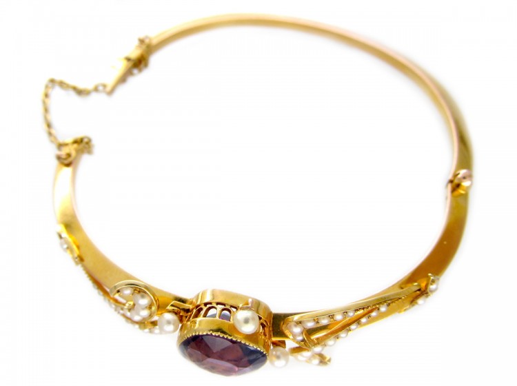 15ct Gold Amethyst & Natural Split Pearls Bangle