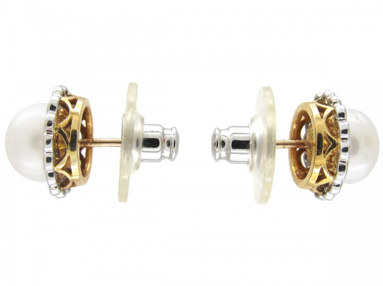 Platinum & 18ct Gold Pearl & Diamond Cluster Earrings