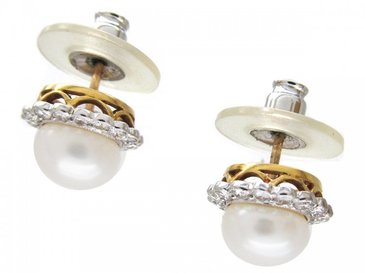 Platinum & 18ct Gold Pearl & Diamond Cluster Earrings