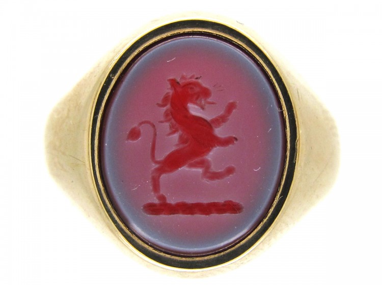 Lion Carnelian Intaglio 9ct Gold Signet Ring
