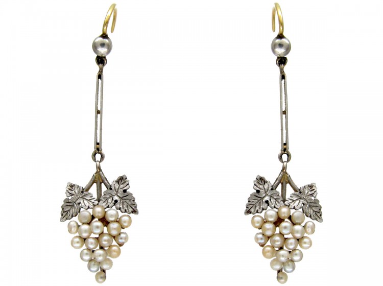 Edwardian 15ct Gold, Platinum & Natural Pearl Grape Drop Earrings