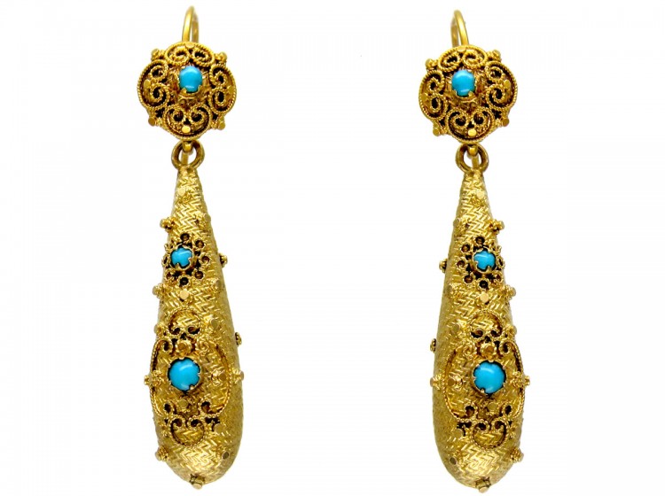 Gold Georgian Turquoise Set Drop Earrings