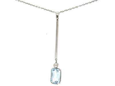 9ct White Gold Aquamarine & Pearl Drop Pendant on Chain