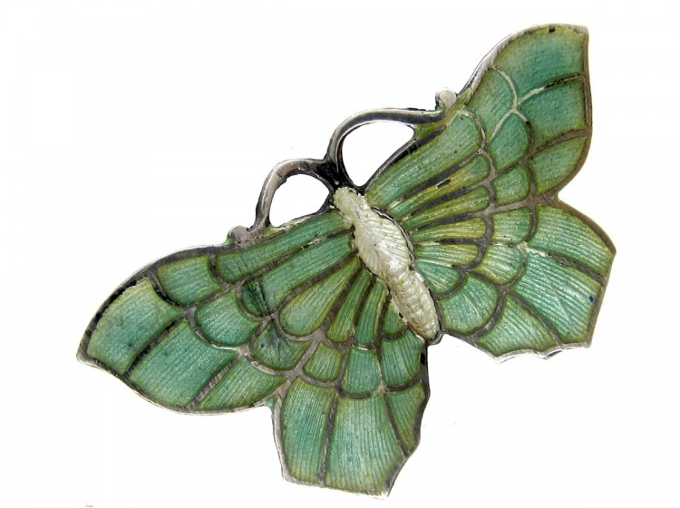 Silver & Green Enamel Butterfly Brooch