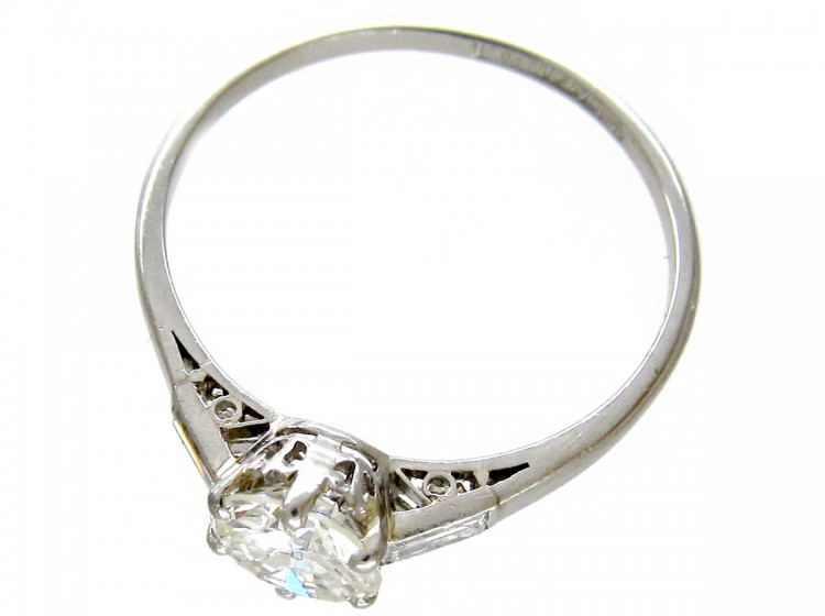 Art Deco Solitaire Diamond Ring with Diamond Baguette Shoulders