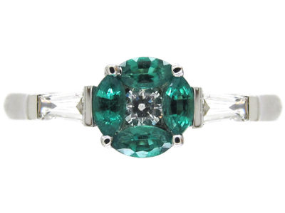 Emerald & Diamond Cluster Ring with Baguette Diamond Sides