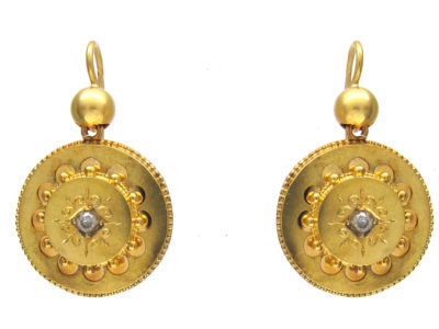 Victorian 15ct Gold & Diamond Round Etruscan Style Earrings