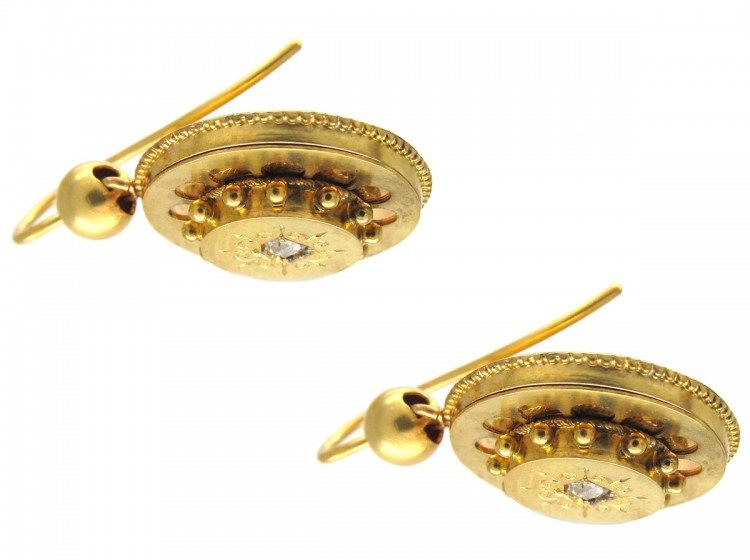 Victorian 15ct Gold & Diamond Round Etruscan Style Earrings