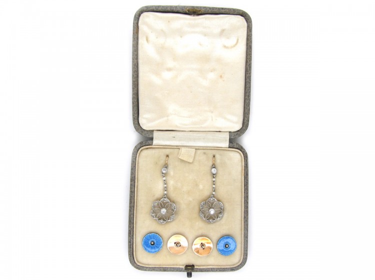 Edwardian Diamond Platinum, Pearl & Enamel Earrings in Original Case