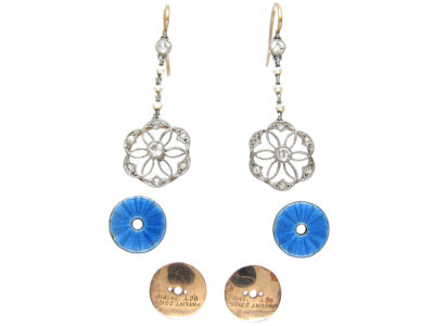 Edwardian Diamond Platinum, Pearl & Enamel Earrings in Original Case