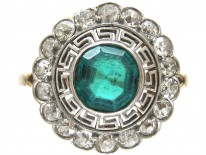 Art Deco Emerald & Diamond Target Ring with Key Design Detail