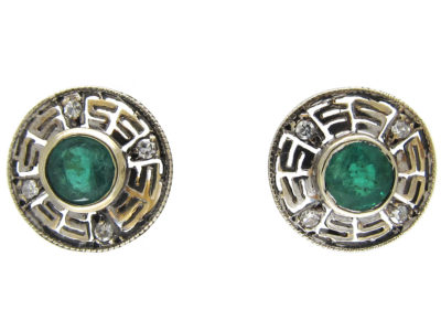 Emerald & Diamond Round Key Design Earrings