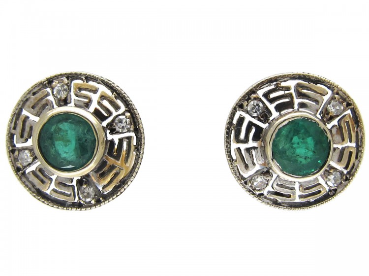 Emerald & Diamond Round Key Design Earrings