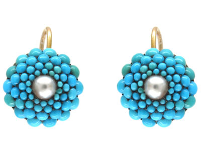 Victorian Turquoise & Pearl Pave Set Round Earrings