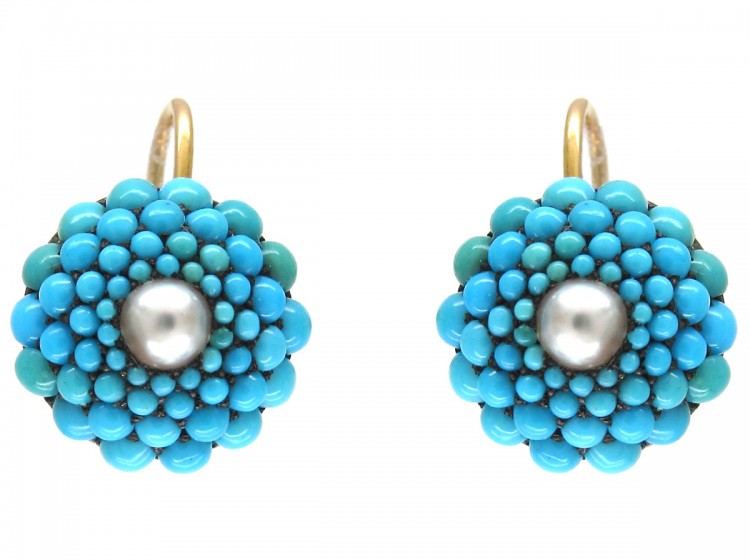 Victorian Turquoise & Pearl Pave Set Round Earrings