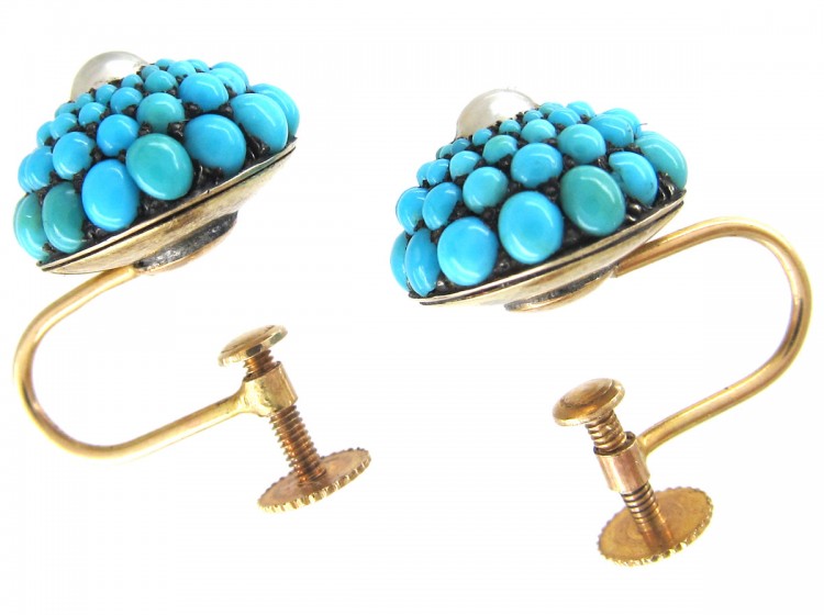 Victorian Turquoise & Pearl Pave Set Round Earrings