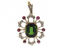 Suffragette Diamond, Green Tourmaline & Ruby 15ct Gold Pendant