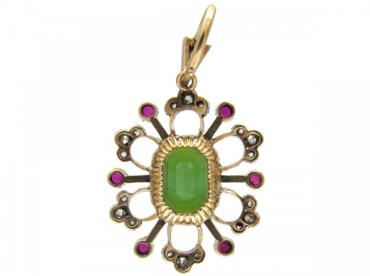 Suffragette Diamond, Green Tourmaline & Ruby 15ct Gold Pendant