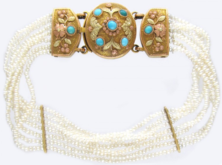 Regency Natural Seed Pearls & Three Colour Gold & Turquoise Bracelet