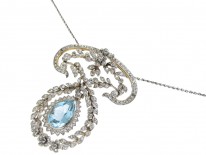 Edwardian Platinum Aquamarine & Diamond Pendant by J E Caudwell on Platinum Chain