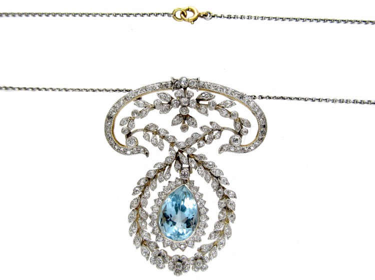 Edwardian Platinum Aquamarine & Diamond Pendant by J E Caudwell on Platinum Chain