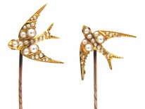 Pair of Edwardian 15ct Gold & Natural Split Pearl Swallow Tie Pins in Original Case