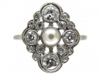 Edwardian Platinum, Diamond & Natural Pearl Cluster Ring