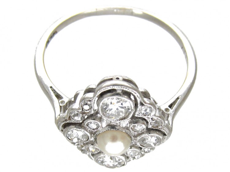 Edwardian Platinum, Diamond & Natural Pearl Cluster Ring