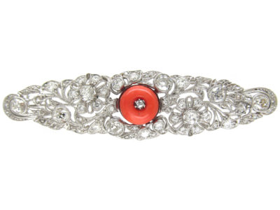 Diamond & Coral Brooch Art Deco Brooch
