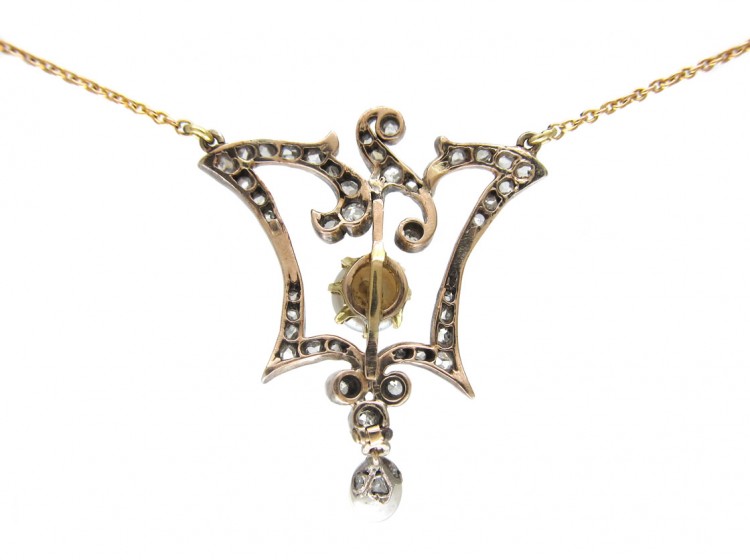 Edwardian Natural Pearl & Diamond Pendant on Platinum & Gold Two Colour Chain