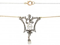 Edwardian Natural Pearl & Diamond Pendant on Platinum & Gold Two Colour Chain