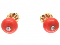 Victorian Coral & Diamond Button Earrings