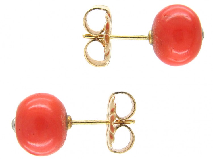 Victorian Coral & Diamond Button Earrings