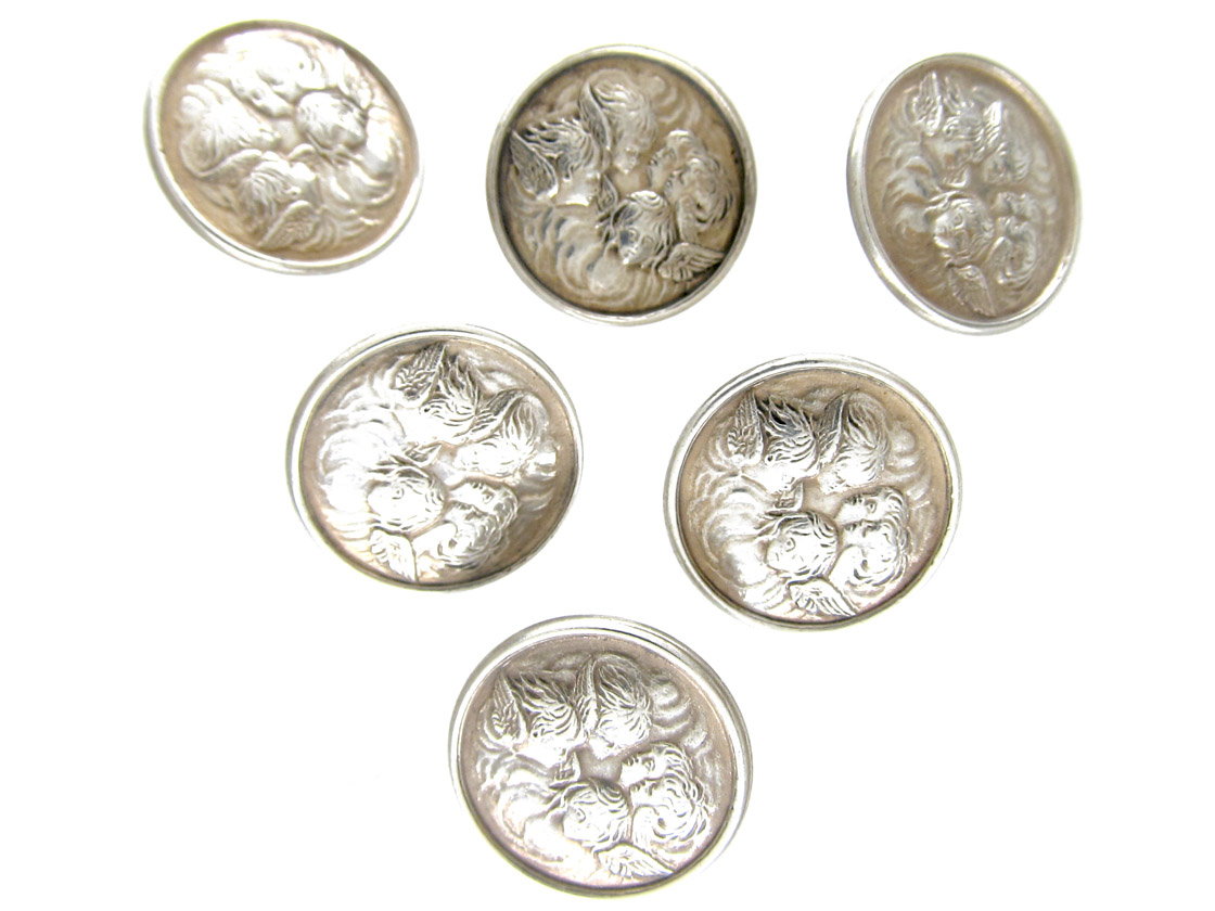 Set of Six Silver Angel Buttons (494F) | The Antique Jewellery Company