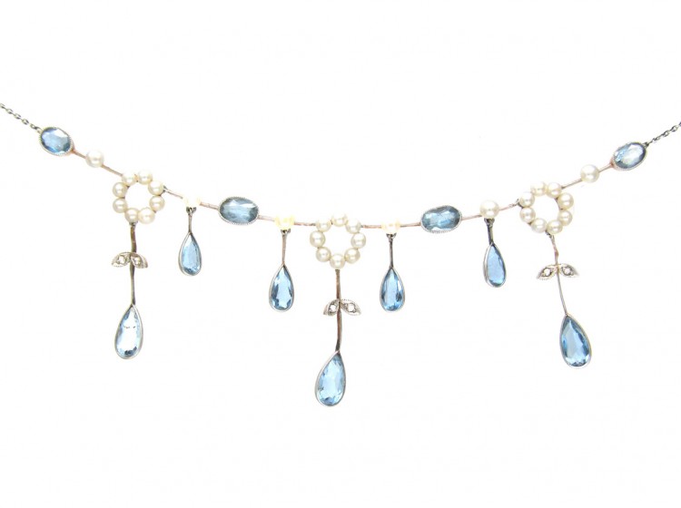 Edwardian Aquamarine Diamond & Natural Pearl Necklace