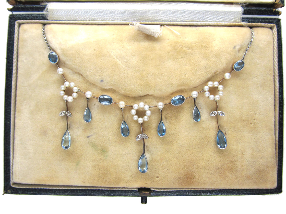 Edwardian Aquamarine Diamond And Natural Pearl Necklace 484f The