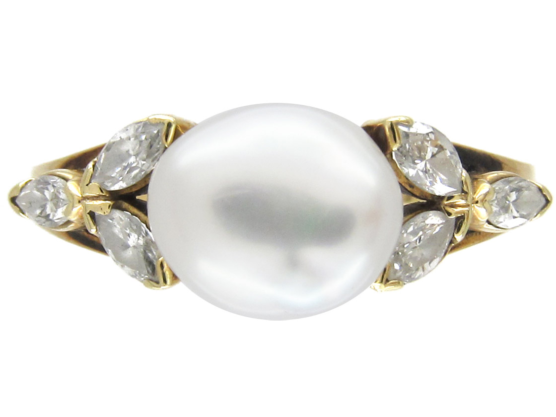 14ct Gold Pearl & Diamond Leaf Ring (506F) | The Antique Jewellery Company