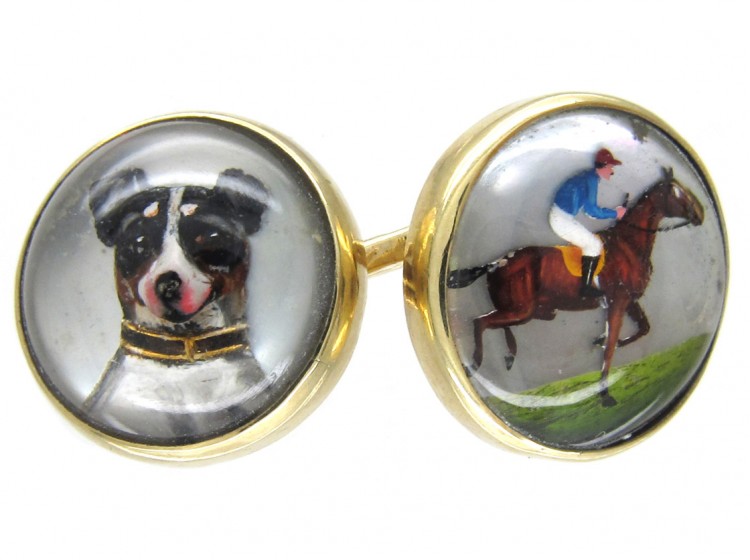 15ct Gold & Rock Crystal Cufflinks of a Jack Russell, Racing & a Horse Head