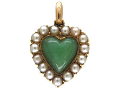 15ct Gold,  Jade & Natural Split Pearls Heart Pendant