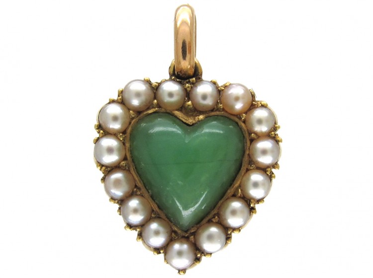 15ct Gold,  Jade & Natural Split Pearls Heart Pendant