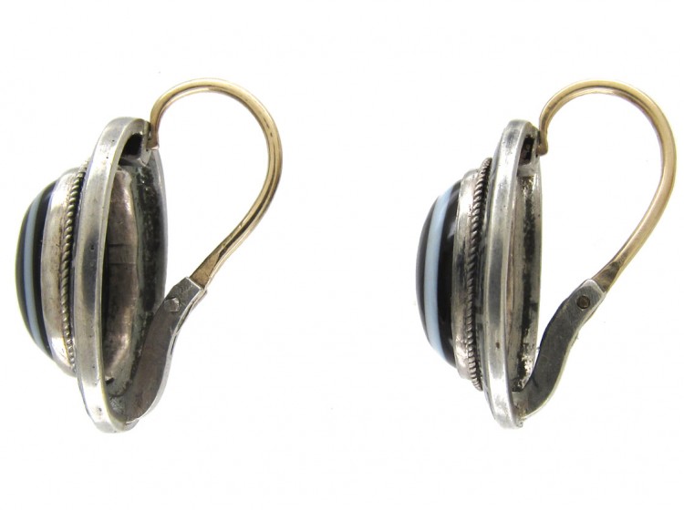 Victorian Banded Onyx Silver & Enamel Earrings