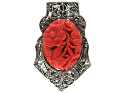 Art Deco Carved Coral & Silver Clip Brooch