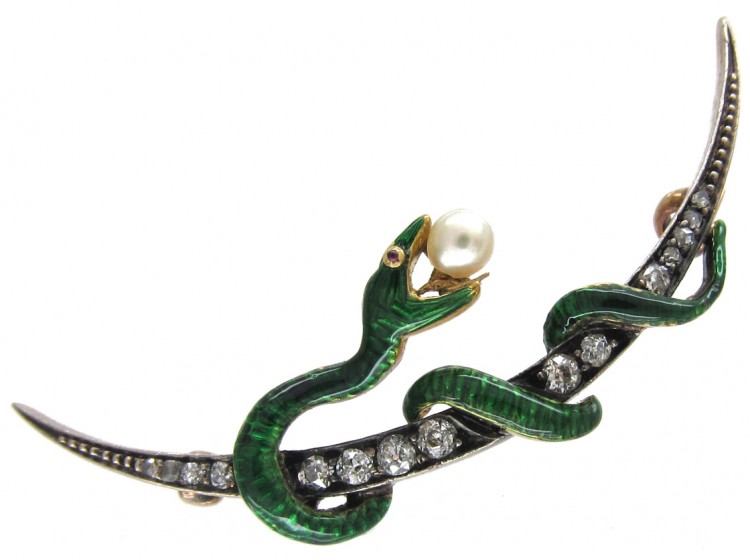 Victorian Enamel Snake & Diamond Crescent Brooch
