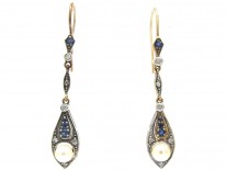 Sapphire, Diamond & Pearl Art Deco Drop Earrings