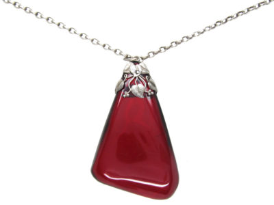 Art Nouveau Silver & Cherry Amber Pendant on Chain