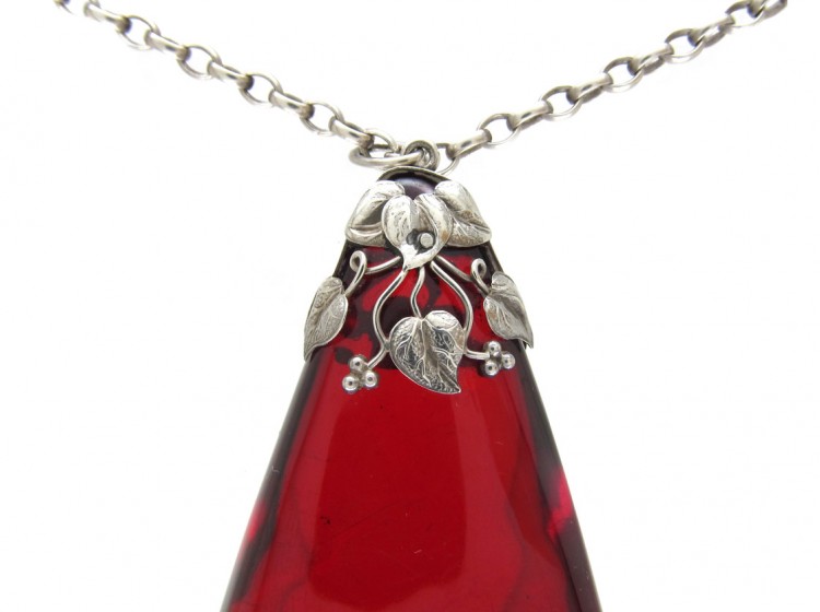 Art Nouveau Silver & Cherry Amber Pendant on Chain