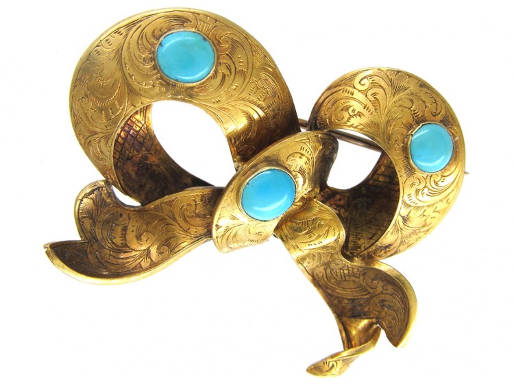 Victorian 15ct Gold & Turquoise Bow Brooch