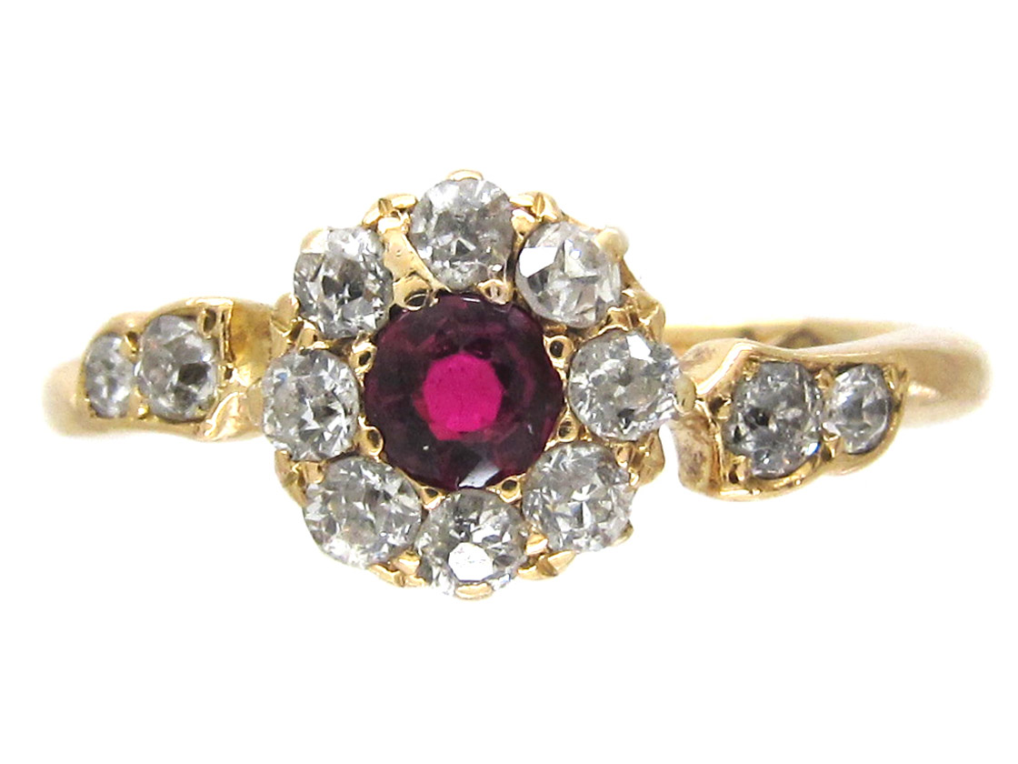 Edwardian Ruby & Diamond Cluster Ring with Diamond Shoulders (39/O ...