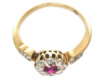 Edwardian Ruby & Diamond Cluster Ring with Diamond Shoulders